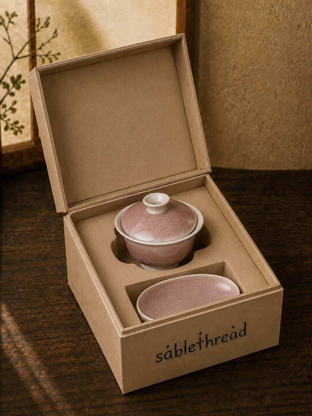 Pink Crackled Glaze Tea Bowl Set